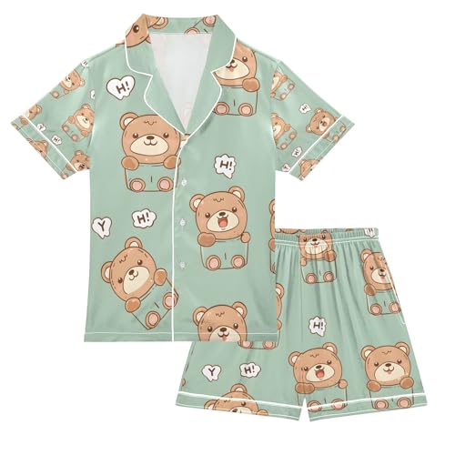 senya Cute Bear Hello Satin Summer Pajama Sets Silk Short Sleeve Button Down Sleepwear