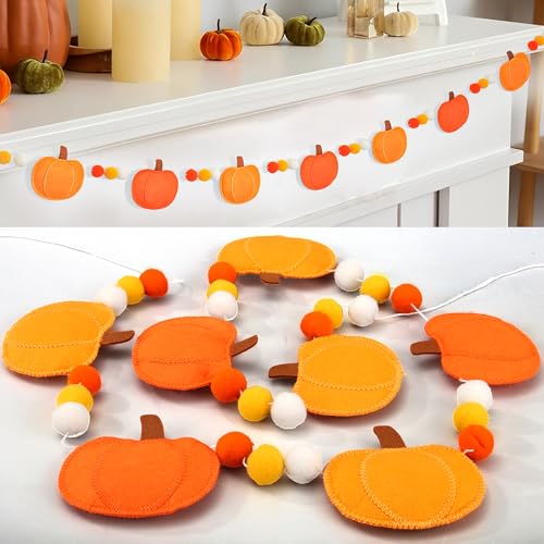 Fall Felt Pumpkin Garland 3D Pumpkin Felt Hanging Garland Fall Orange Pompom Ball Banner Autumn Hanging Decorations for Autumn Harvest Thanksgiving Home Mantel Fireplace Wall Party Decor