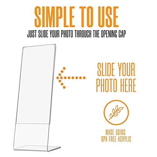 Photo Booth Nook - 50 Pack - 2 X 6 Inch Slanted Photo Booth Frames & Signs Holder, Clear Angled Tabletop Pic Display Stand - Wide Back Flap, Stable Base - Vertical Acrylic Picture Frame #TOP3