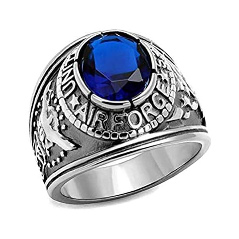 US Air Force Ring - (Stainless Steel w/Blue Stone) USAF Military Rings Jewelry - Officers Military Gear or U.S. Airforce Uniform Veteran Ring - Size: (8) Cover