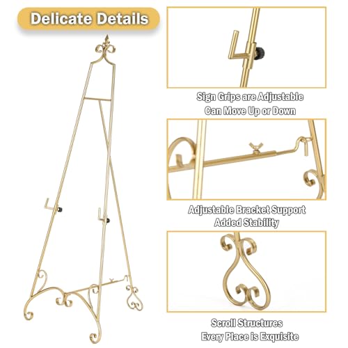 57" Large Gold Easel Stand for Sign with Fleur De Lis Design, Metal Easel Display Stand with Adjustable Hook & Chain, Heavy Duty Easel for Mirror, Sign, Wedding, Picture (No Installation Required) by MOCOME - Image 3