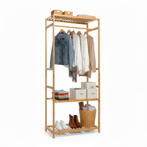 THINIA HOME - Perchero de Pie de Bambú Natural con Barra para Ropa y 2 Estantes Abiertos, Organizador de Entrada, Dormitorio o Recibidor, Estilo Nórdico, 68x36x160 cm