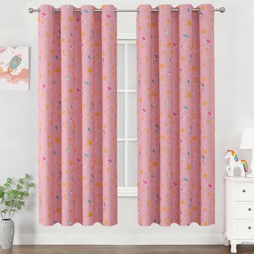 Image of Unicorn & Rainbow Pink Room Darkening Curtains 72 Inch Long for Girls Room | Estelar Textiler Star Moon Kids Blackout Curtains for Nursery,Grommet Thermal Insulated Drapes for Playroom,52Wx72L,2 Panels