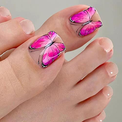 Pink Butterfly Press on Toenails French Fake ToeNails with Designs Summer Full Cover Wearable Fake Toenail Art Full Finished Removable Press on Toe Nail for Women 24Pcs/Box
