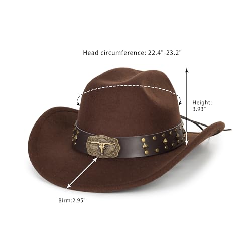 Image of Wide Brim Men and Women's Western Cowboy Hat Fedora-Jazz-Hat with Bull Head Band Decoration