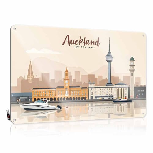 MZBS Blechschild "Men Cave Hanging Pre-drilled & Dark Cottagecore Decor" Flat Print | Auckland Cityscape: Sehenswürdigkeiten und Waterfront Charm für Lake House Wall - Lakehouse The Home