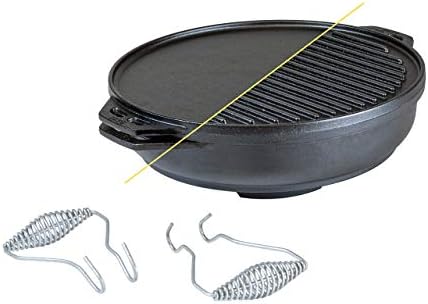 Lodge Cast Iron Cook-It-All Kit. Five-Piece Cast Iron Set includes a Reversible Grill/Griddle 14 Inch, 6.8 Quart Bottom/Wok, Two Heavy Duty Handles, and a Tips & Tricks Booklet.