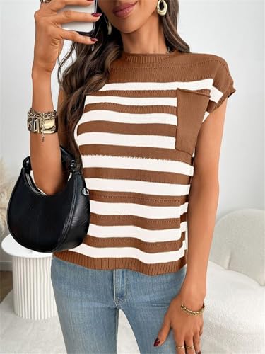 Blusa de punto a rayas transpirable con bolsillo para primavera y verano 2