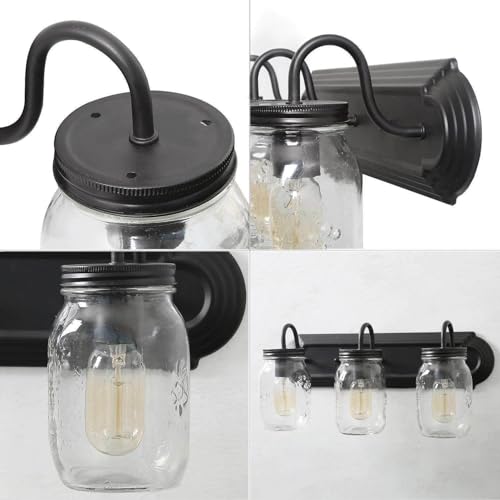 Image of LOG BARN Bathroom Wall Light Fixtures, 3-Light Black Farmhouse Mason Jar Vanity Light Over Mirror for Hallway, Bedroom, Kitchen, and Living Room