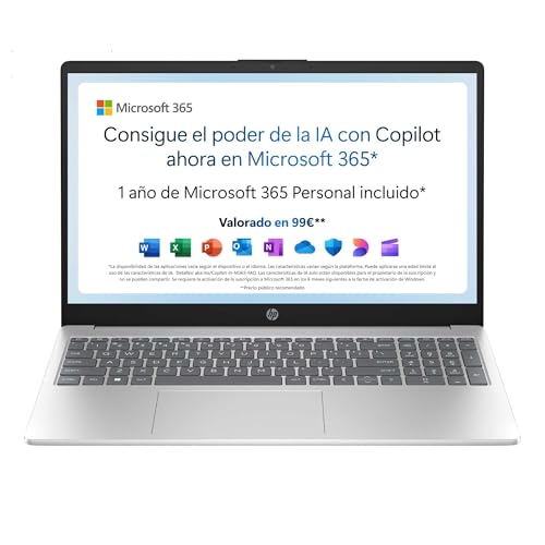 HP 15-fd0261ns - Ordenador portátil de 15.6' FHD (Intel N100, 4GB RAM, 128GB UFS, Intel UHD, Windows 11) Plata - Teclado QWERTY Español - Incluye Microsoft 365 Personal 12 Meses