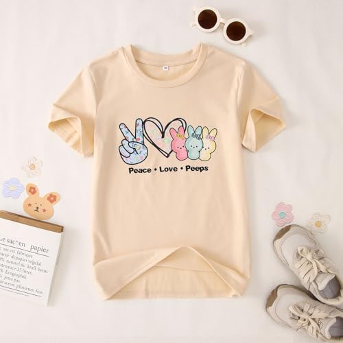 Image of SOFEON Kids Girls Easter Shirt Bunny Peace Love Peeps T-Shirt Cute Funny Rabbit Graphic Tees Short Sleeve Casual Tops