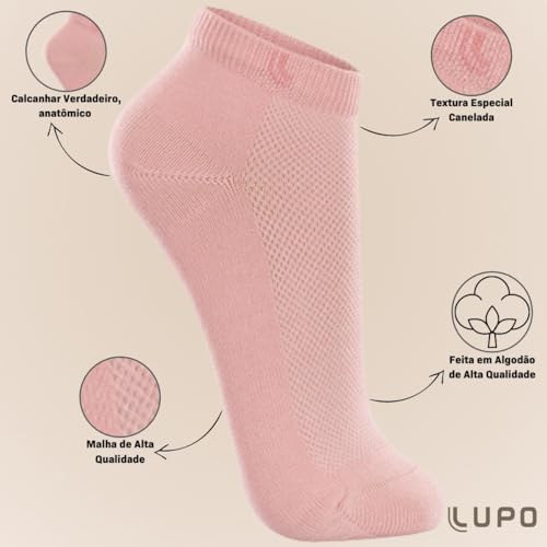 Kit 3 Pares Meias Cano Curto Branca, Rosa e Rosa escuro Lupo (BR, Alfa, M, Regular, Regular, Rosa Es