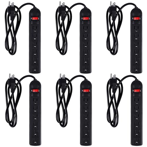 Copkim 6 Pack 6 Outlet Power Strip 4 ft Flat Plug Surge Plug Overload Surge Protection for Home Office(Black)