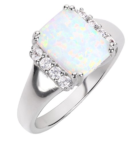 CloseoutWarehouse Rectangle Simulated Opal and Cubic Zirconia Ring Sterling Silver (Color Options, Sizes 4-15)