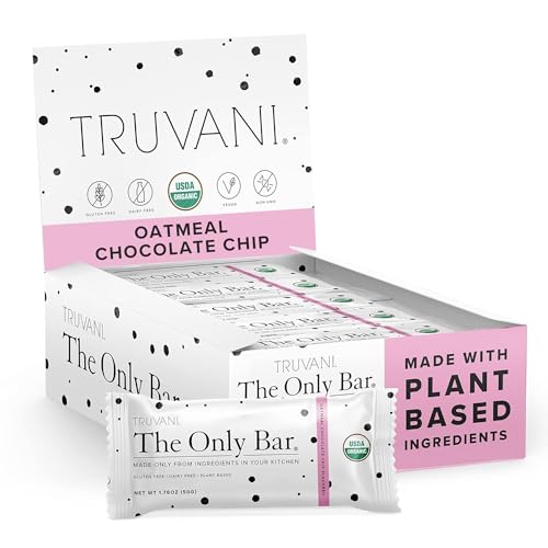 Truvani Plant Based Snack Bars | Oatmeal Chocolate Chip 12 Pack | 6g Protein | USDA Organic and Vegan | The Only Bar | Dairy, Soy, and Gluten Free | Individually Wrapped