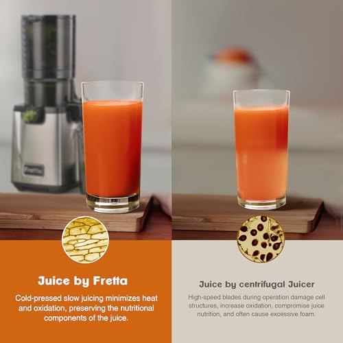 Cold Press Juicer Machines,Fretta Slow Masticating Juicers with 5.3\" Large Feed Chute Fit Whole Fruits & Vegetable Easy Clean Self Feeding Juice Extractor,Tritan Material BPA Free 250W,Stainless Steel