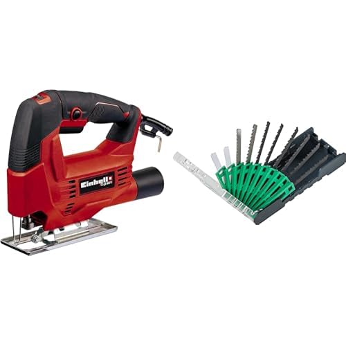 Einhell Sierra de calar - TC-JS 60/1. Baja vibración, control electrónico de velocidad, cambio de hoja sin herramientas, suela para cortes de inglete hasta 45 ° grados + Juego de 10 hojas de calar