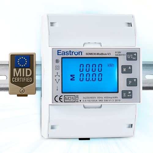 Eastron SDM630Modbus-V3 - Contador de corriente trifásico digital para carril de sombrero, multifuncional, bidireccional con 2 x S0, RS485 Modbus-RTU