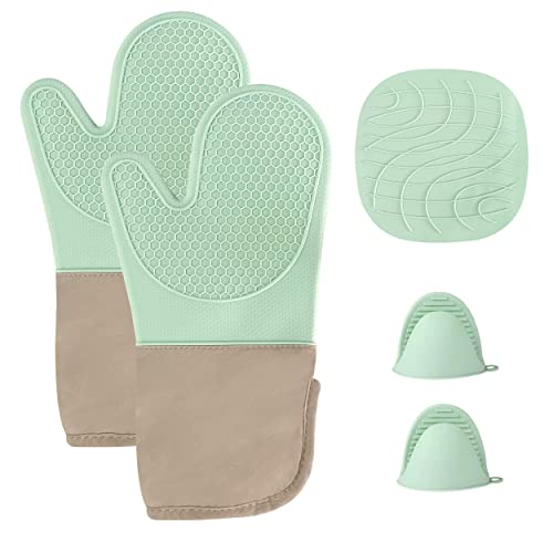 Bgfox Extra Long Oven Mitts And Pot Holders Sets, Heat Resistant Silicone Oven Mittens, Oven Gloves Sets With Soft Lining Good Grip, Hot Pads For Kitchen Baking Cooking, Pack Of 5, Aqua Green #TOP4
