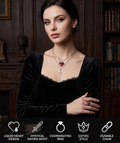 Buy Gothic Necklace, Gothic Rings, Set of 3 Pieces, Dark Red Heart and Sword Pendant Necklaces with Ring, Gothic Fashion Accessories for Concerts, Themed Events and Daily Alternative Style Wear at Amazon.in - Image 6