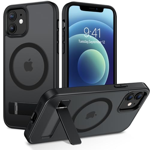 VENINGO Funda Magnética para iPhone 12/12 Pro, Carcasa con Soporte A Prueba de Golpes Protección contra Caídas Translúcida Mate Trasera Fina, Negro