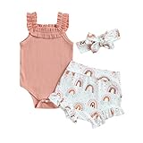 Baby Girl Summer Outfit Ruffle Sleeveless Knit Strap Romper Tops Floral Print Shorts Headband 3Pcs B
