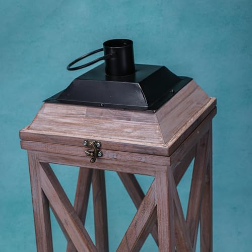 Image of Selena Decorative Wooden Lantern with Glass Panels & Candle | White Wash Acacia Wood Candle Holder | Farmhouse Lantern for Living Room, Patio, Balcony, Wedding & Festive Decor | 24 Inche
