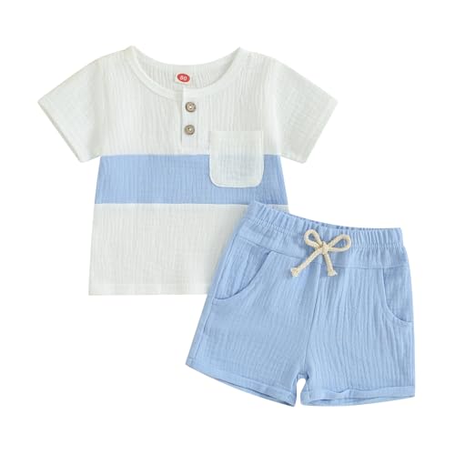 Image of Kupretty Baby Boy Summer Clothes Toddler Outfit Linen Short Sleeve Button T-Shirt Tees + Shorts Infant Clothing Set