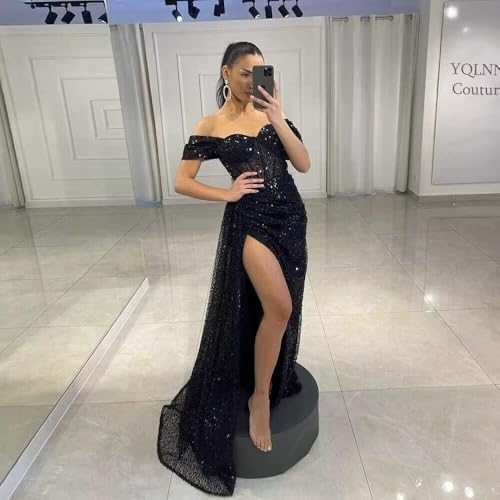 Dexinyuan Off Shoulder Sequin Prom Dresses with Slit Mermaid Tulle Sweetheart Formal Party Evening Gowns for Women 20254