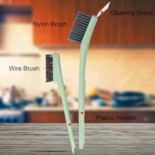 Image of Multifunctional Cleaning Brush with Nylon & Wire Brush and Cleaning Spatula, Long Handle Brushes for Bathroom, Kitchen, Grout, and Tile Deep Cleaning, 2 Pack (Green+White)