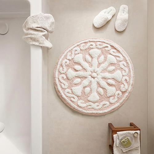 Madison Park Casablanca 100% Cotton Tufted Bathroom Rugs Luxurious Plush Medallion Floral Pattern Bath Mat Absorbent, Quick Dry, Spa Design Shower Room Décor, Round 25", Pink
