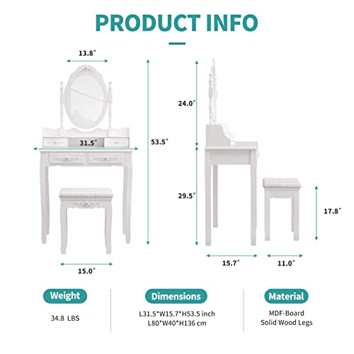 Girls Makeup Vanity Set With Mirror & Stool, Rose Carving Makeup Table, 4 Drawer White Dressing Desk For Bedroom #TOP6