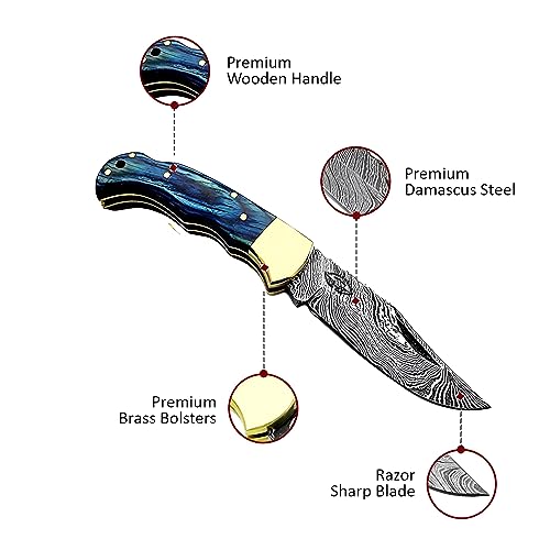 Best.Buy.Damascus1 Ultimate Folding knife blue Wood Pocket Knife Compact, Damascus Knife - knives Ideal for Outdoor, Survival- Camping & Everyday Use Knife Set