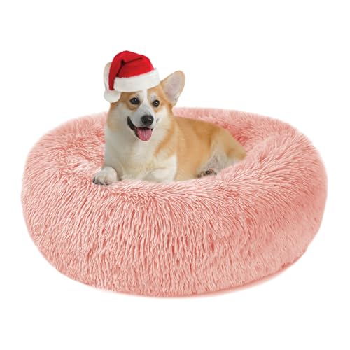 Nepfaivy Calming Dog Cat Donut Bed, 23.6in Fluffy Plush Puppy Kitten Cuddler Round Bed