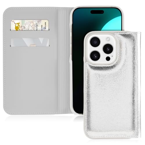 Image of kate spade new york Wallet Folio iPhone 16 Pro Case - Metallic Silver | Compatible with Wireless Charging - Designer Wallet Case for iPhone 16 Pro with Anti-Scratch Coating & Metallic Silver Design
