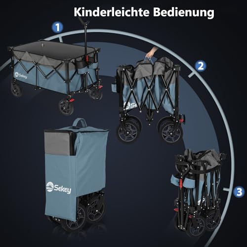 Sekey XXL Plus Bollerwagen Faltbar 200L 200KG Tragkraft, Faltbarer Bollerwagen Geländetauglich mit Bremsen, Handwagen Patentiert Klappbar aus Vier Richtungen, XXL-PlusG 4010, Blau
