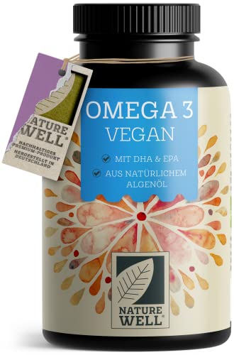 Omega-3 Vegan 90 Kapseln hochdosiert, 2000mg Omega-3 Algenöl pro Tag mit 600mg DHA & 300mg EPA, veganes Omega aus nachhaltigem Anbau als Fischöl-Alternative, laborgeprüft mit Zertifikat, NatureWell 1