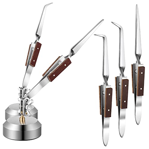 Lanties 5 Pcs Soldering Tweezers Set 3 Pcs Cross Lock Solder Tweezer 2 Pcs Jewelry Third Hand Tools with Base 360° Rotation for Jewelry Making, Welding, Repairing