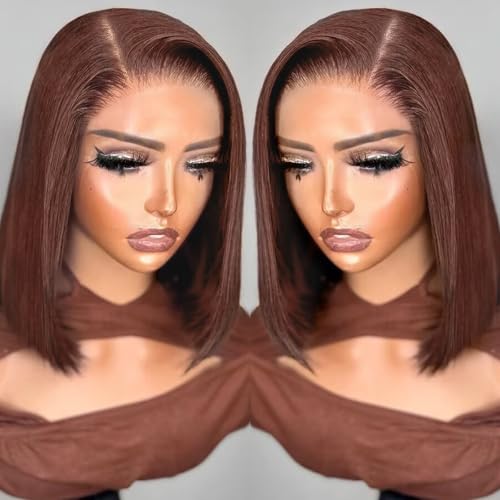 HIRIREMY Bob Wig Human Hair 13x4 HD Lace Frontal Short Straight Lace Front Bob Wigs for Black Women Human Hair Pre Plucked Glueless Side Part 180% Density Chocolate Brown Color #4 14 Inch