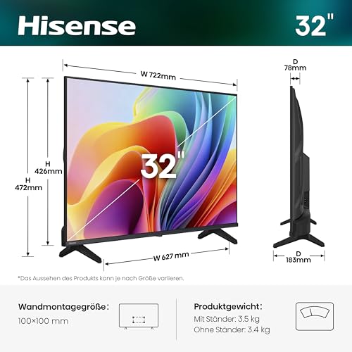 Hisense 32E4DS Fernseher 32 Zoll, 4K FHD Smart TV, Hi-View AI Engine, 60Hz Game Mode, Natural Colour Enhancer, Dolby Audio, DTS Virtual: X, Rauschunterdrückung, Airplay [2026] 2
