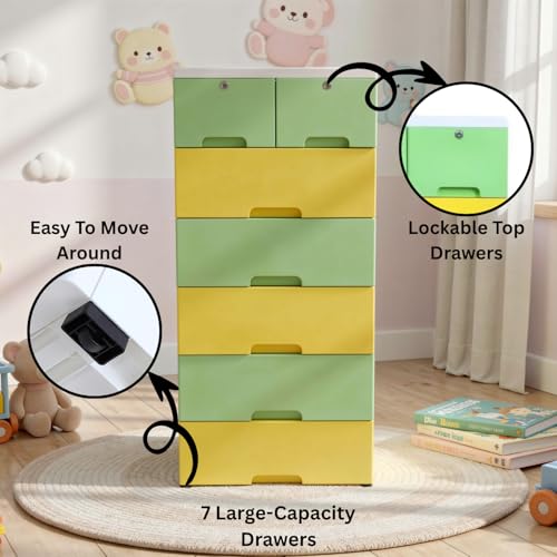 Image of The Tickle Toe 7-Drawer Plastic Chest for Kids | Child-Safe Storage Cabinet with Locks | Organizer for Clothes & Toys | 51L x 33W x 121H cm (Yellow Green)