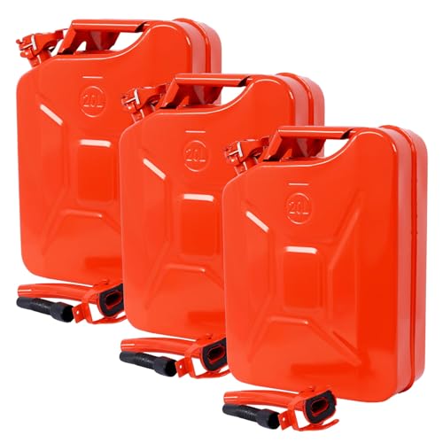 AMZSTAN 20 L Heavy-Duty Steel Drum with Flexible Pour Extension, Sealed Industrial Liquid Container with Locking Pin, Leak-Resistant Metal Storage Barrel for Workshop, Garage, Automotive (Red, 3Pack)