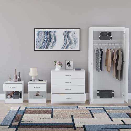 Vida Designs Riano 4 Piece Bedroom Set - 1 Drawer Bedside Chest, 4 Drawer Chest, 2 Door Wardrobe - White