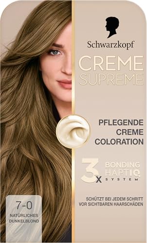 Schwarzkopf Creme Supreme Coloration 7-0 Natürliches Dunkelblond (182 ml) dauerhafte Haarfarbe mit Serum und Haar-Maske schützt vor sichtbaren Haarschäden für 100% Grauabdeckung