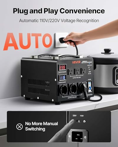 Image of VEVOR Voltage Auto Converter Transformer, 3000VA, Heavy Duty Step Up /Down Power Transformer, 110V to 220V and 220V to 110V, with 3 US Outlets, 3 EU Outlets, LCD Display, Circuit Breaker Protection