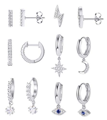 Milacolato 6Paires Boucle d Oreille Pendante Femmes Lune Étoile Dangle Hoop Boucles D'oreilles Pendantes Mini Bar Stud Lot Boucles D'oreilles CZ Drop Cartilage Bijoux Petit Huggie Creole Plaqué Or