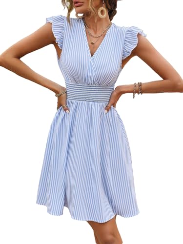 SweatyRocks Damen Kleid Kurz Sommerkleid V Ausschnitt Streifen Muster Shortskleid A Linie Freizeitkleid Casual Damenklei...