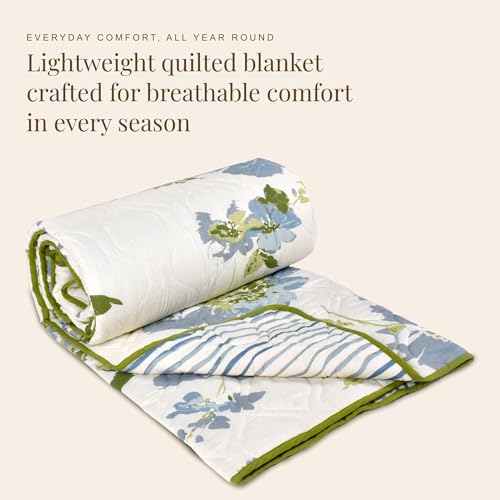 Image of HUESLAND Reversible AC Quilt Blanket Single Bed | 100% Cotton Quilted Shell, Super Soft 120 GSM Microfibre Wadding | Lightweight Comforter for All Weather Use | Floral Fusion - 55 x 88 inches