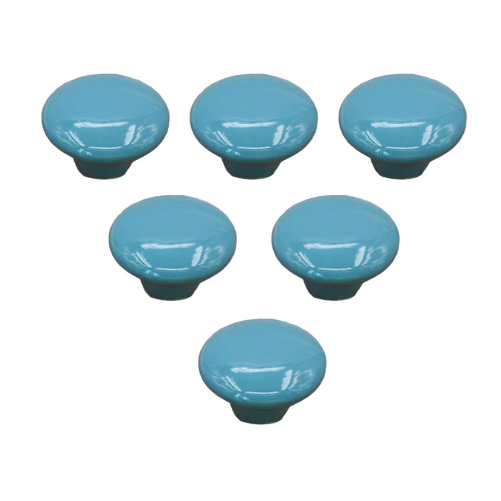 6 Pack Round Drawer Knobs, 32mm Ceramic Single Hole Cabinet Door Handles with Screws, Mushroom Shape Pull Handles for Dresser Cupboard Wardrobe, Blue