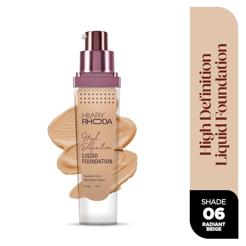 Image of Hilary Rhoda High Definition Foundation for Women | Hides Pores & Blemishes | HD Foundation For All Skin Types | Blendable Formula | Natural & Matte Finish | High Coverage Liquid Foundation - 33ml (Radiant Beige - Shade 06)